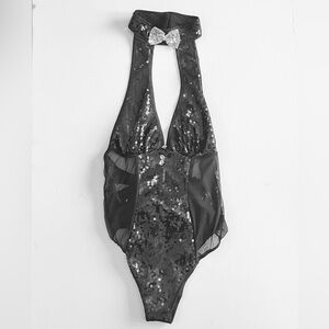 Black Sequin Halter Bodysuit with Bow Costume Playboy Bunny